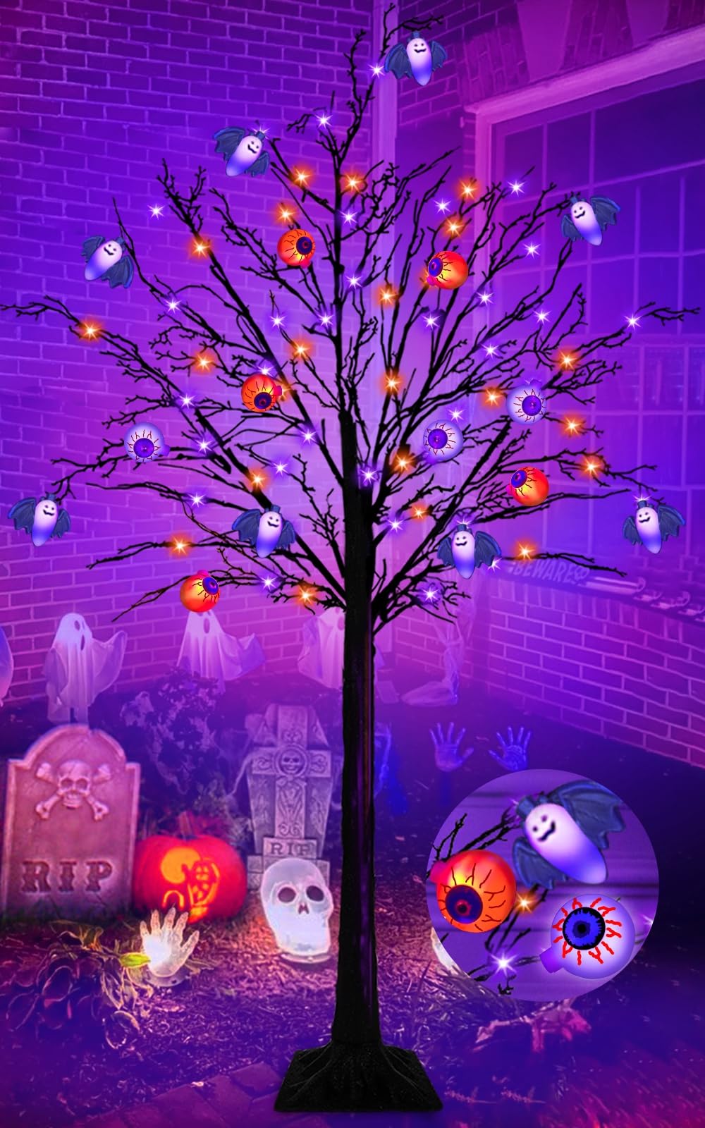 Timer - 5FT Orange & Purple Black Halloween Tree with 64 LED & 8 Bats & 8 Eyeballs DIY Ornaments, Halloween Decorations Outdoor Black Spooky Trees for Indoor Home Yard Porch Holiday Party Lawns Decor