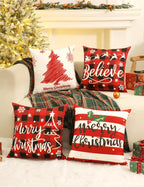 TOYPOPOR Christmas Decorations, Double Sided Throw Pillow Covers 18x18 Inches Set of 4, Christmas Tree, Snowflakes, Merry Christmas, Snowman Reindeer Cushion Case for Farmhouse Home Holiday Decor