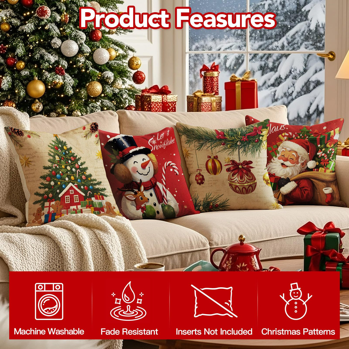 UPOFFICIS Christmas Pillow Covers 18x18 inch Set of 4, Christmas Decorations Cushion Covers, Xmas Pillow Covers, Pillowcases Throw Pillow Covers for Sofa Couch Home Decor