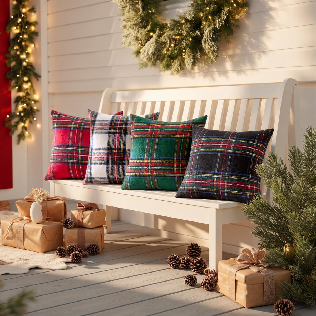 MIULEE Christmas Plaid Decorative Throw Pillow Covers Set of 2 Scottish Tartan Vintage Farmhouse Winter Cuhion Case Pillow Covers for Couch livingroom Sofa Bed Porch Home Decor 18x18inch White