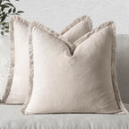 MIULEE Christmas Decorative Throw Pillow Covers Neutral Linen Fringe Throw Pillows Euro Shams Set of 2 Natural Beige Boho Farmhouse Cushion Covers for Couch Sofa Bed Living Room Home Decor 22x22 Inch