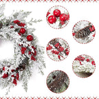Christmas Wreath, 18 Inch Snow Flocked White Winter Wreath with Pine Cones Berries Apples for Front Door Fireplace Table Centerpiece Holiday Home Indoor Outdoor Decoration