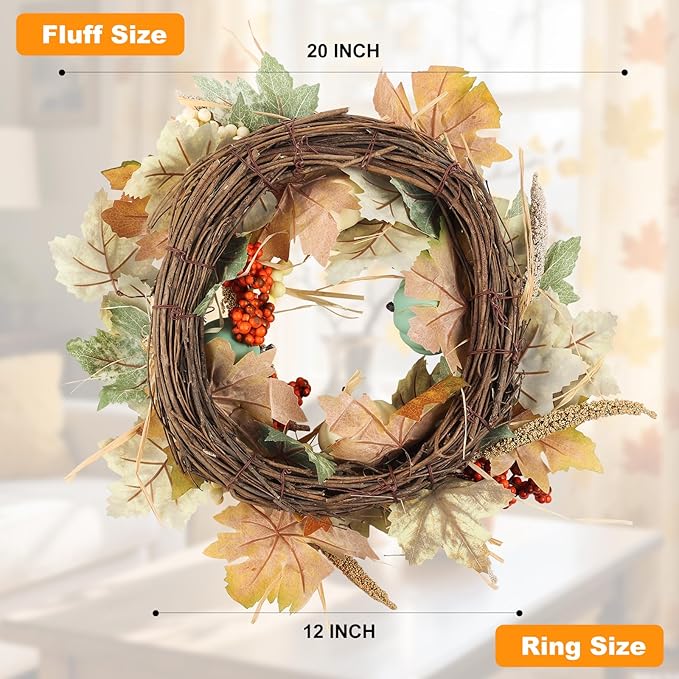 Fall Wreaths for Front Door in 20 inch, Artificial Autumn Leaves with White and Blue Pumpkins, Orange Berries, Farmhouse Fall Decorations, Front Door, Wall, Wedding, Thanksgiving, Autumn