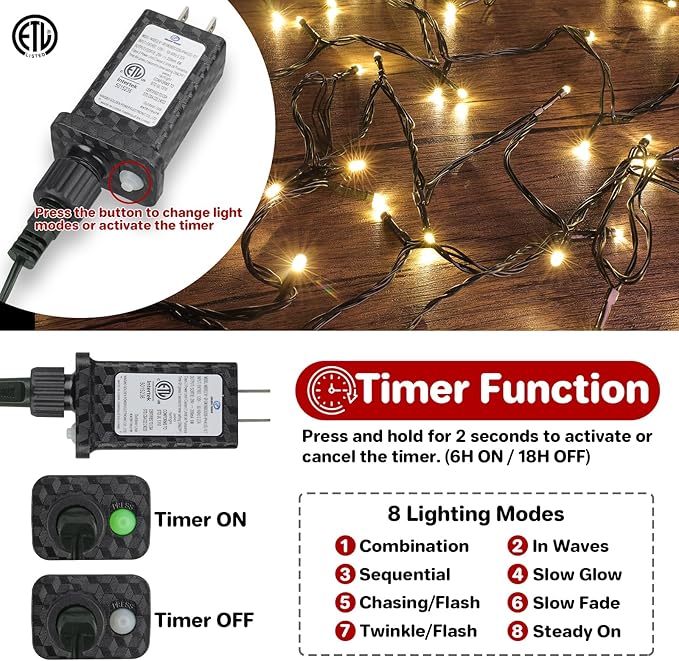 2Pack Connectable Total 132Ft 400 LED Christmas Lights with Timer, Green Wire Fairy Starry String Lights Plug in, 8 Modes and Memory, forIndoor Outdoor Xmas Tree Wedding Party Decoration,Warm White