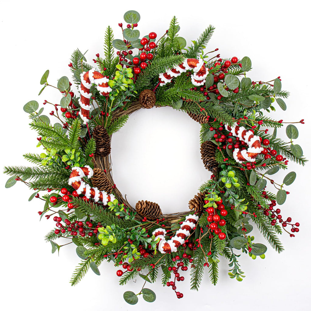 MG MagicGarden Christmas Wreaths for Front Door 20 Inches Artificial Christmas Wreath with Red Holly Berries Pine Needles Pine Cones Candy Canes for Xms Holidays