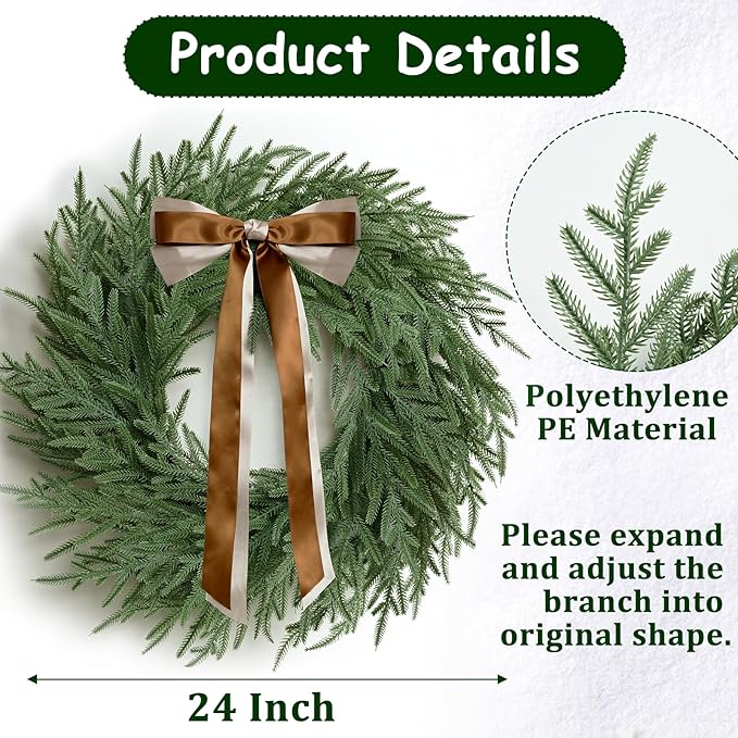Christmas Decorations -24 Inch Christmas Wreath, Norfolk Pine Wreath, Christmas Wreaths for Front Door, Christmas Door Wreath with Bow Ribbon for Home Table Wall Window Indoor Outdoor