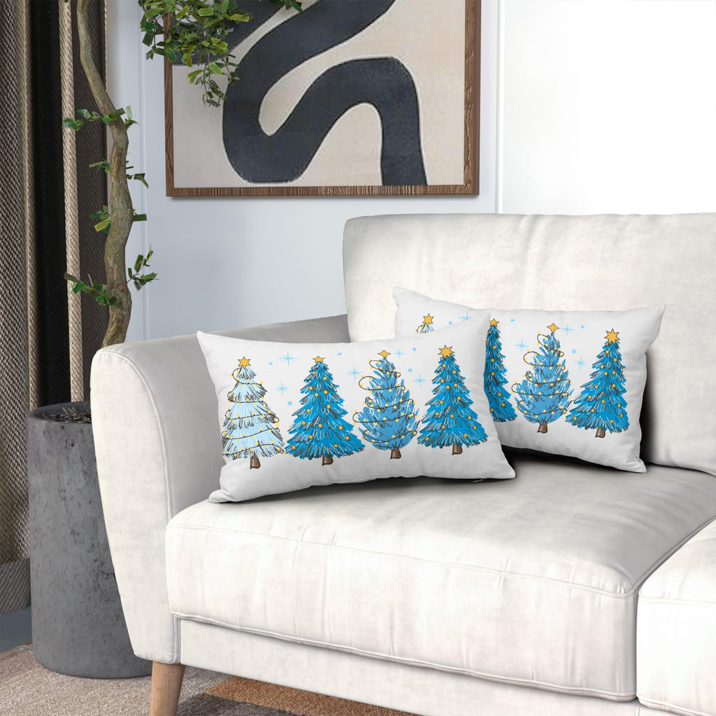 Blue Christmas Tree Lumbar Throw Pillow Covers 12X20 In Set of 2 Xmas Tree Lights Stars Decorative Rectangle Pillow Cases Winter Holiday Pillow Cover Farmhouse Home Decor For Living Room Sofa Couch