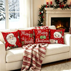 Ni-JASW Red Christmas Throw Pillow Covers 18x18 inch Set of 4, Old Fashioned Santa Snowman Merry Christmas Cushion Covers for Couch Sofa Holiday Decor