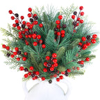 Winlyn 65 Pcs Artificial Pine Branches and Red Berries Stems Christmas Greenery Stems Cedar Picks for Christmas Tree Wreath Winter Wedding Holiday Floral Arrangement Table Centerpiece DIY Crafts