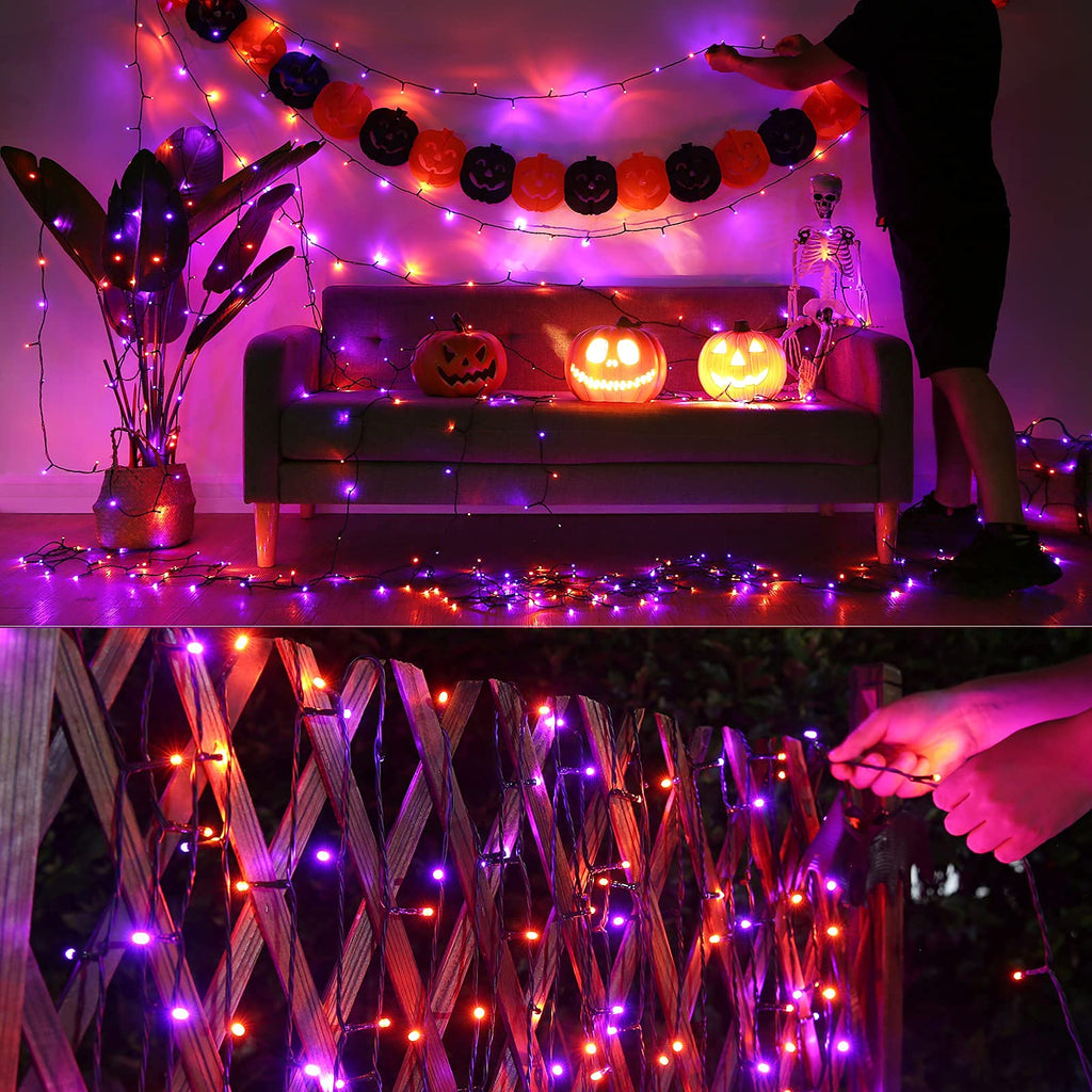 Joomer Orange Purple Halloween Lights, 66ft 200 LED Battery Operated String Lights Waterproof with 8 Modes & Timer Function for Halloween Outdoor Indoor Decorations