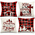 AnyDesign Christmas Pillow Cover 18 x 18 Inch Red Black Buffalo Check Plaids Holy Night Throw Pillow Case Decorative Cushion Cover Case for Farmhouse Home Couch Sofa, Set of 4