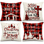 AnyDesign Christmas Pillow Cover 18 x 18 Inch Red Black Buffalo Check Plaids Holy Night Throw Pillow Case Decorative Cushion Cover Case for Farmhouse Home Couch Sofa, Set of 4