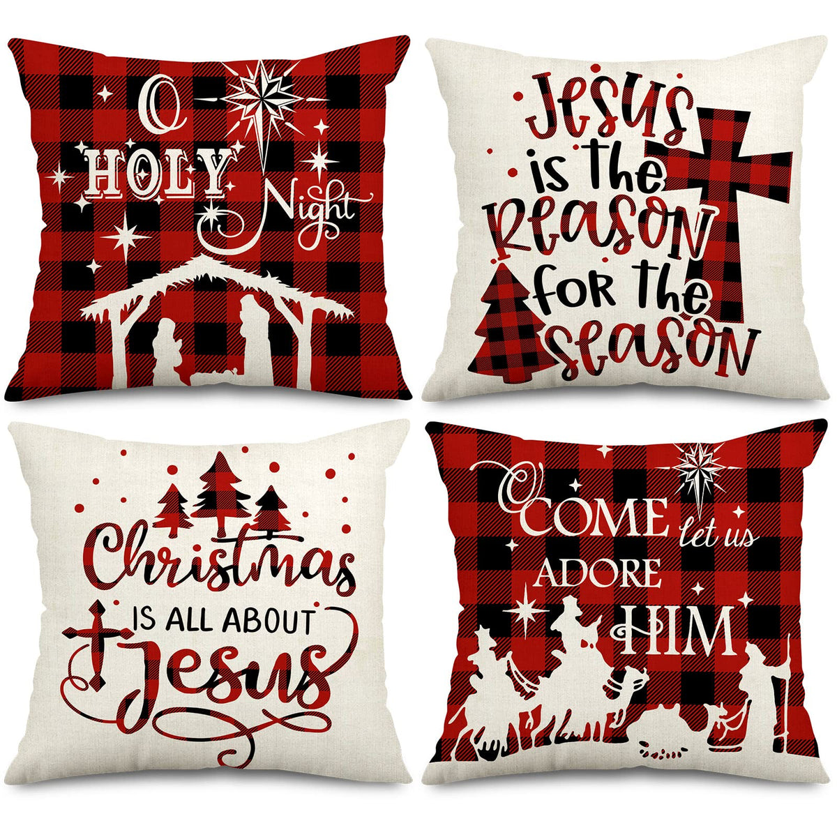 AnyDesign Christmas Pillow Cover 18 x 18 Inch Red Black Buffalo Check Plaids Holy Night Throw Pillow Case Decorative Cushion Cover Case for Farmhouse Home Couch Sofa, Set of 4