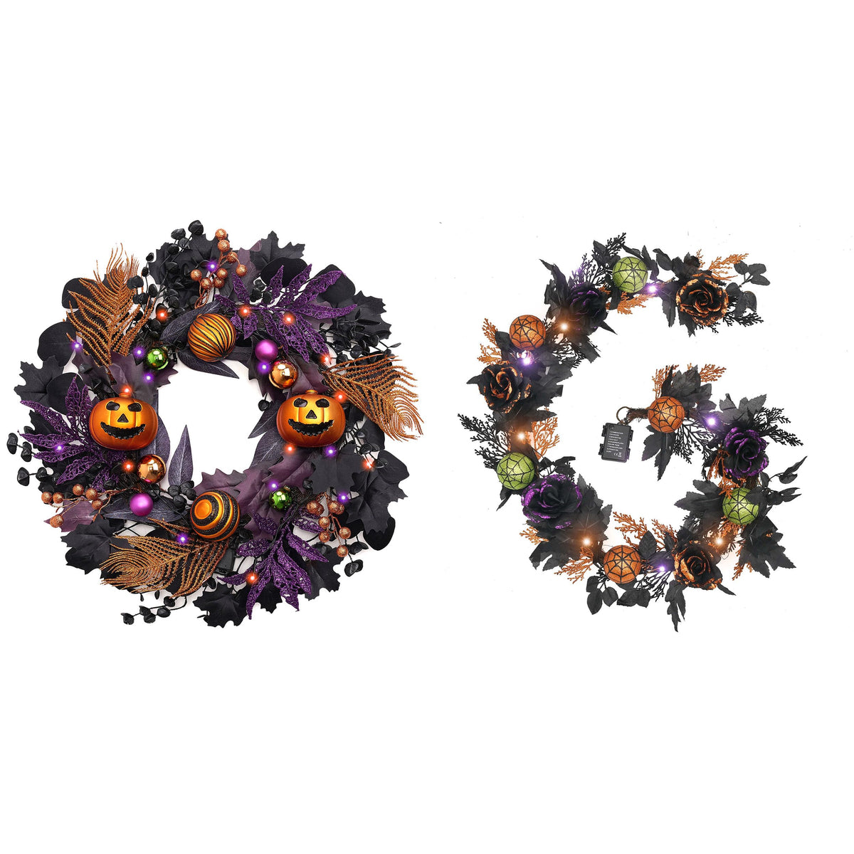 Valery Madelyn Halloween Wreath for Front Door with Lights, 18 Inch Pre-Lit Jack-o'-Lantern Pumpkin Wreath Halloween Decorations for Home Porch Table Centerpiece Window Indoor Party Holiday Wall Decor