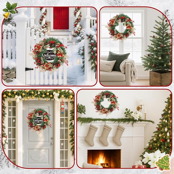 Christmas Wreaths for Front Door Outside Decor, 22" Berries Poinsettia Golden Leaves Pinecone Winter Artificial Wreath Decorations with Hanging Sign for Xmas Home Door Wall Window Fireplace Porch