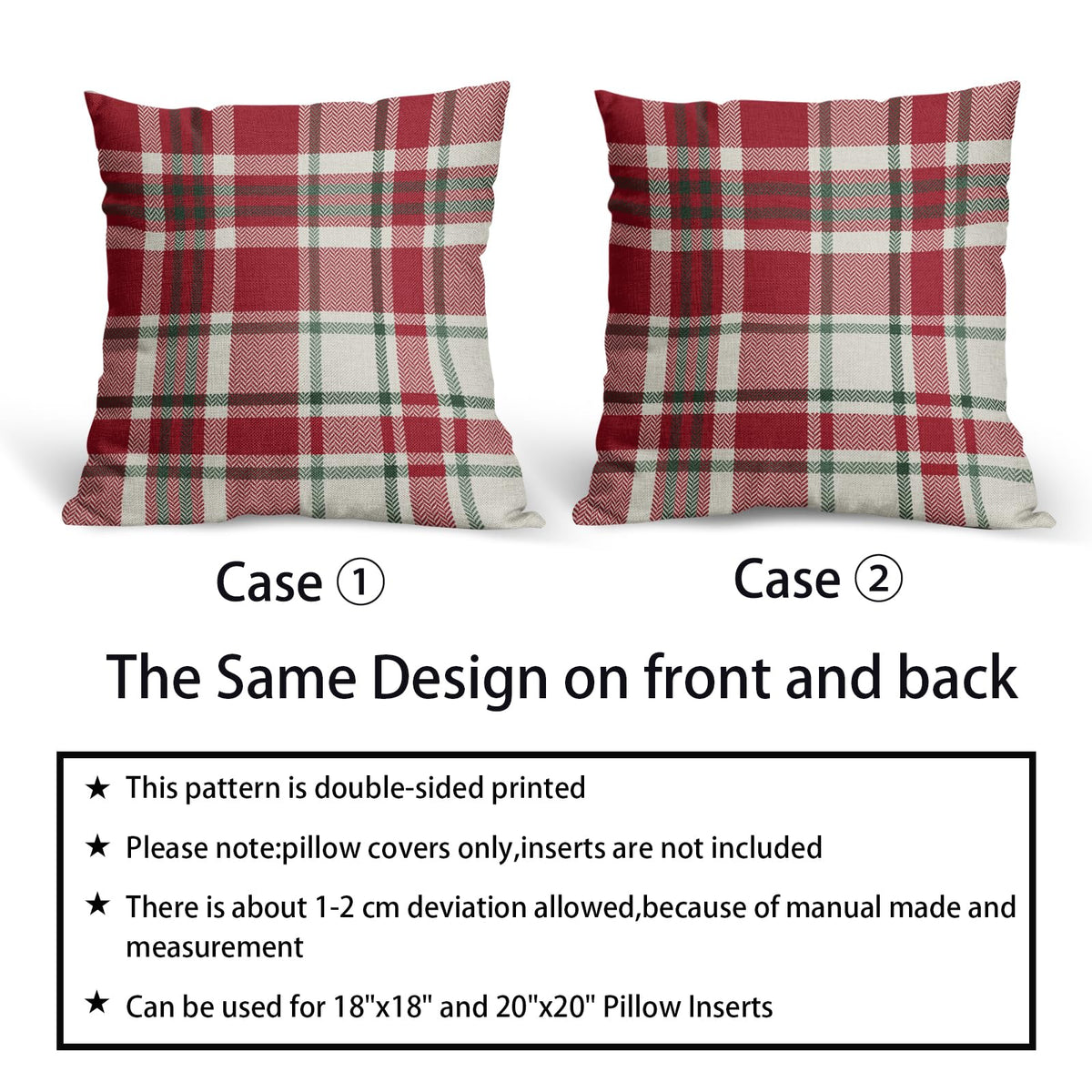 Christmas Plaid Pillow Covers 18x18 Set of 2 Red Green Cream Buffalo Checkered Decorative Tartan Pillowcases Xmas Winter Holiday Outdoor Rustic Farmhouse Throw Cushion Case Decor for Couch Sofa Bed