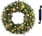 Solar Christmas Wreath 30 Inches Pre-Lit Solar 70 Led Artificial Wreath for Front Door Window Outdoor Decorations with Golden Pine Cones Christmas Balls Glitter Pine Branches(3002)