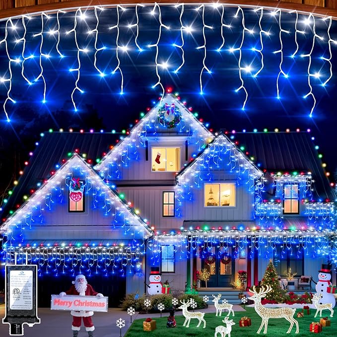 670 LED Christmas Lights Outdoor, 66ft Blue & White String Lights Indoor with 148 Drops 12 Modes, Dimmable Curtain Window Lights, Waterproof Twinkle Fairy Lights with Timer for Christmas Decorations