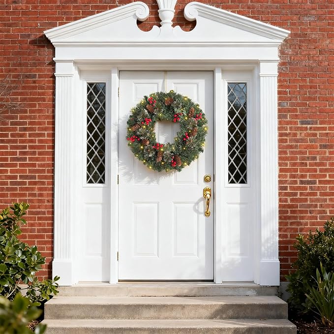 FR Artificial Pre-Lit Fir Christmas Wreath Holiday Accent Decoration, Wintry Pine, Decorated with Pine Cones Berry Clusters Frosted Branches, with LED Lights for Door, Mantel 20 Inch