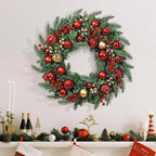 Christmas Wreath with Lights, 20 Inch Christmas Wreaths for Front Door, Large Winter Door Wreath with Ball Ornaments, Berries and Norfolk Pines, Xmas Decor for Indoor Outdoor Wall Windows