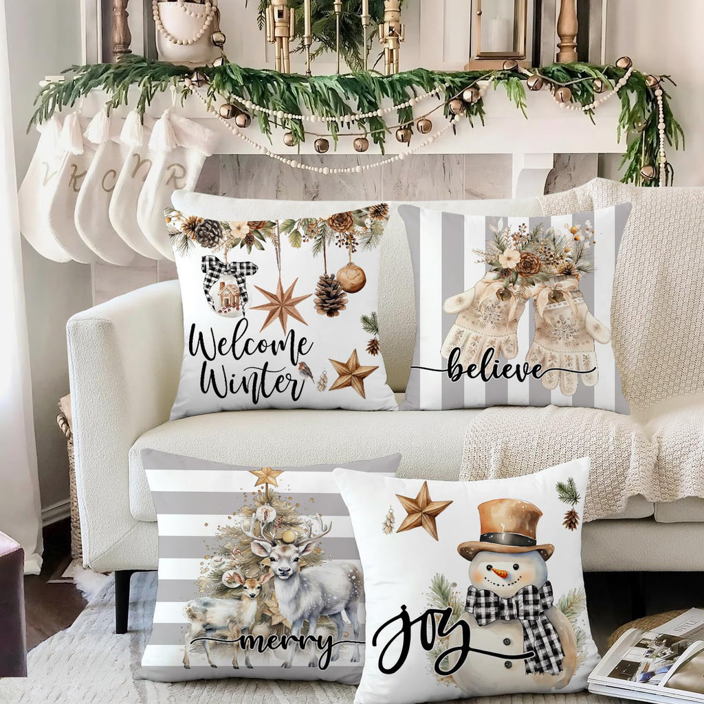 Artmag Christmas Pillow Covers 16x16 inch Set of 4 Snowman Gloves Welcome Winter Grey White Strip Christmas Throw Pillow Covers Winter Farmhouse Decoration for Home