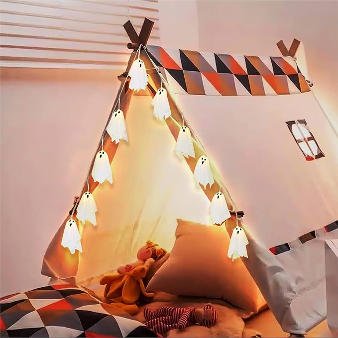 Halloween Decoration String Lights, Light up Ghost Garland, 7.5ft Battery Operated Ghost Lights with 10 LED for Mantle, Fireplace, Window, Porch, Party Indoor Outdoor Decor
