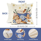 Fjfz Hello Winter Dark Blue Decorative Throw Pillow Covers 18 x 18 Set of 4, Christmas Get Cozy Hot Cocoa Gingerbread Man Porch Outdoor Home Decor, Snowflakes Snowman Seasonal Couch Cushion Case