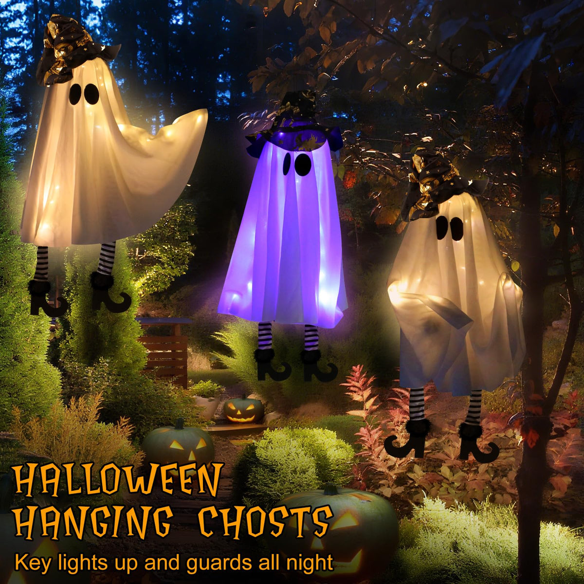 Halloween Hanging Decorations Set of 3 Battery Operated Small Floating Ghost Decor with Witch Hat & Striped Legs, 3 Light Modes Outdoor for Porch Tree Yard Garden Ceiling, Spooky Decor for Party Scene