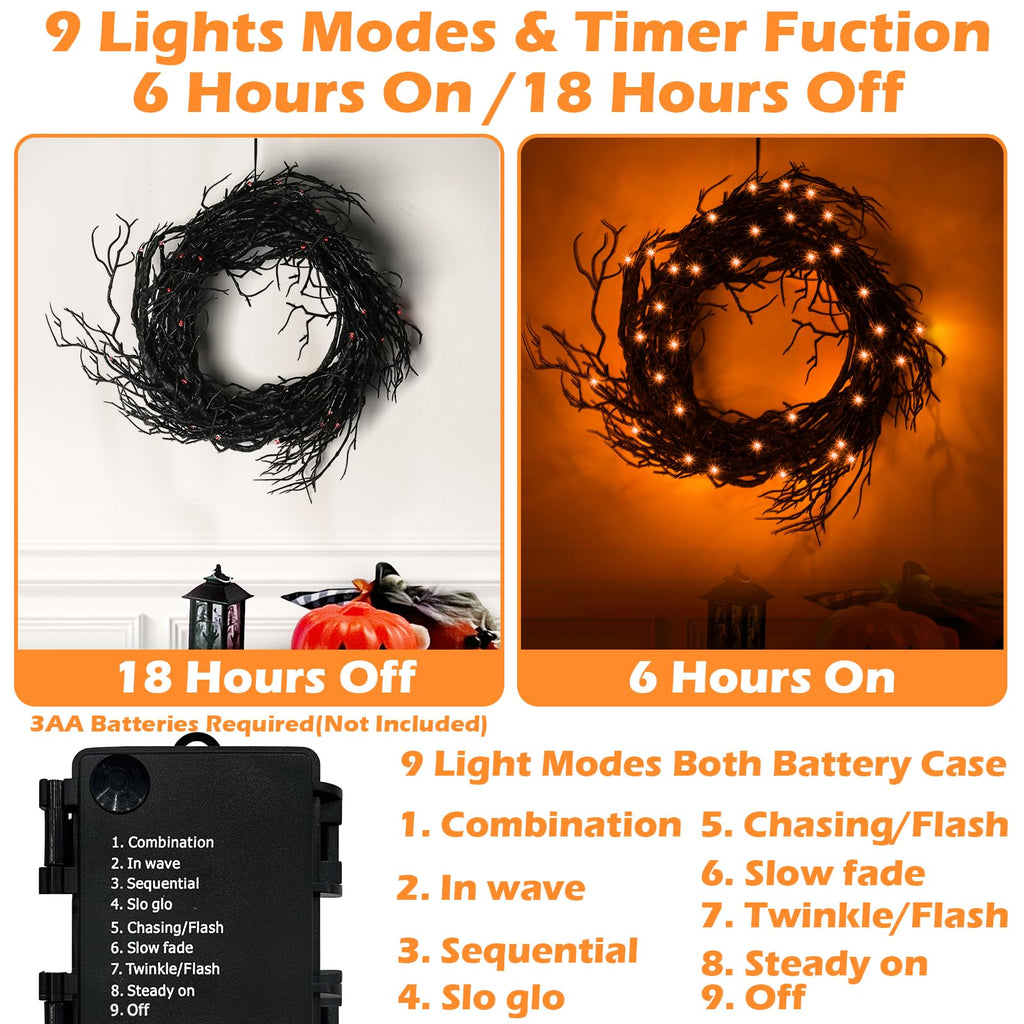 [ 8 Modes & Timer ] 6 Ft 45 LED Halloween Willow Vine Twig Garland Decorations with Orange Lights, Halloween Garland with Battery Operated Waterproof for Home Indoor Wall Fireplace Mantle Decor