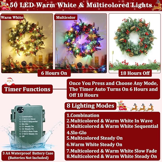 24 Inch Foldable Christmas Wreaths for Front Door, Lighted Christmas Wreath with Pinecones Berried 50 Warm White & Multicolor Lights 8 Modes Timer Norfolk Pine Wreath Xmas Wreaths for Door Wall Window