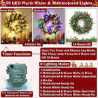 24 Inch Foldable Christmas Wreaths for Front Door, Lighted Christmas Wreath with Pinecones Berried 50 Warm White & Multicolor Lights 8 Modes Timer Norfolk Pine Wreath Xmas Wreaths for Door Wall Window
