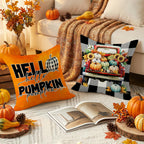 HDVUHKI Fall Pumpkin Pillow Covers 16x16 inch Set of 4, Linen Autumn Outdoor Thanksgiving Harvest Farmhouse Buffalo Check Truck Orange Decorations for Sofa Couch