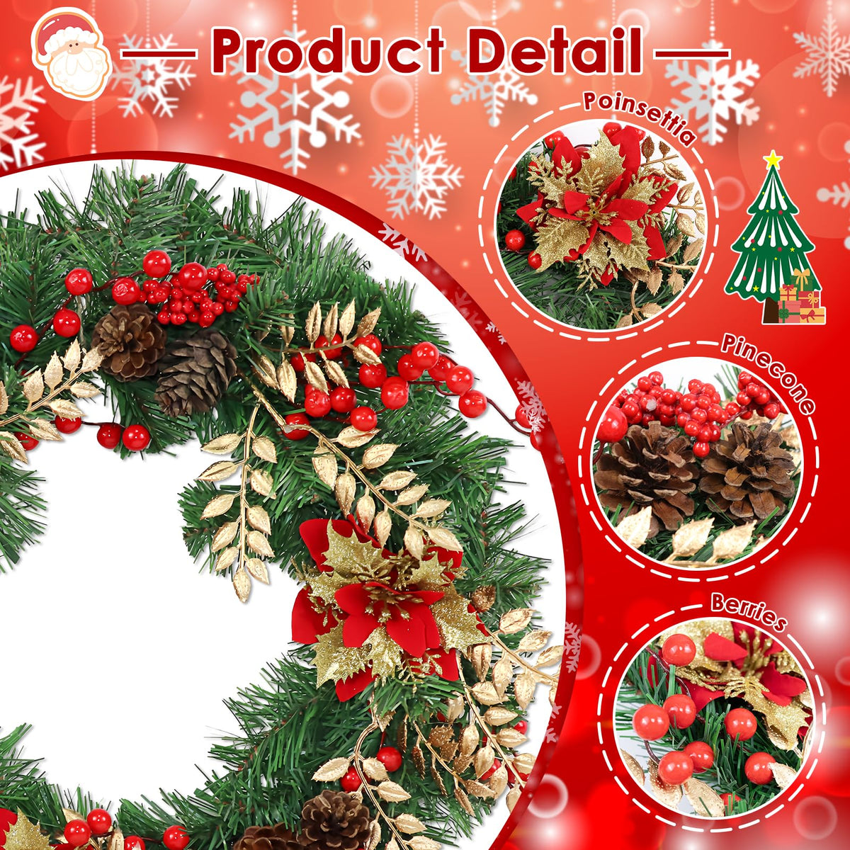 Christmas Wreaths for Front Door Outside Decor, 22" Berries Poinsettia Golden Leaves Pinecone Winter Artificial Wreath Decorations with Hanging Sign for Xmas Home Door Wall Window Fireplace Porch