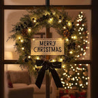Lighted Christmas Wreath for Front Door with Metal Hanger 16'' Artificial Norfolk Wreath with Velvet Bow LED Lights Jingle Bells Pinecone Berries Christmas Holiday Winter Decor(Black)