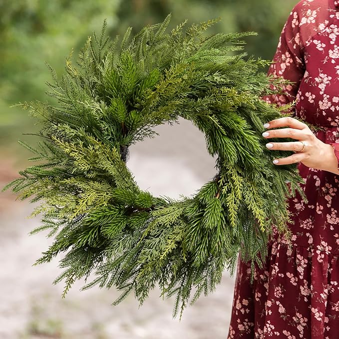 Somikis 24 Inch Christmas Wreaths for Front Door, Real Touch Norfolk Pine & Cedar Wreath for Winter Indoor & Outdoor Porch Windows Wall, Realistic Artificial Wreath Home Decor
