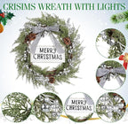 Lighted Christmas Artificial Cedar Wreath for Front Door with Hanger Christmas Wreaths Faux Norfolk with Velvet Bow LED Lights Jingle Bells Pinecone Berries Indoor Window Xmas Holiday Decor(Silver)