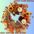 Artificial Fall Autumn Wreath 22 in with Sunflower,Peony,Pumpkin, Eucalyptus Leaf for Front Door Thanksgiving Wreaths Wall Window Harvest Festival Celebration