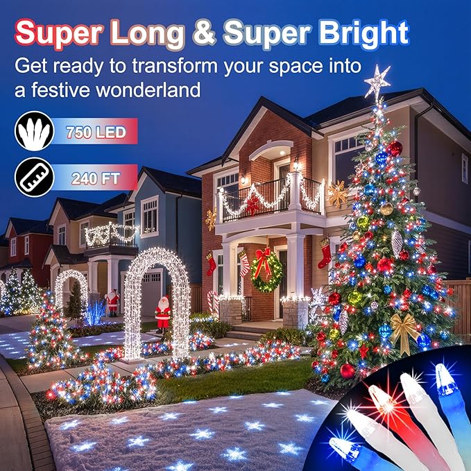 750 LED 240FT Christmas String Lights Outdoor, Christmas Light with 8 Lighting Modes& Timer & Memory, Plug in Waterproof Clear Wire Twinkle Light for for Xmas Yard Tree Party Decor Red White Blue