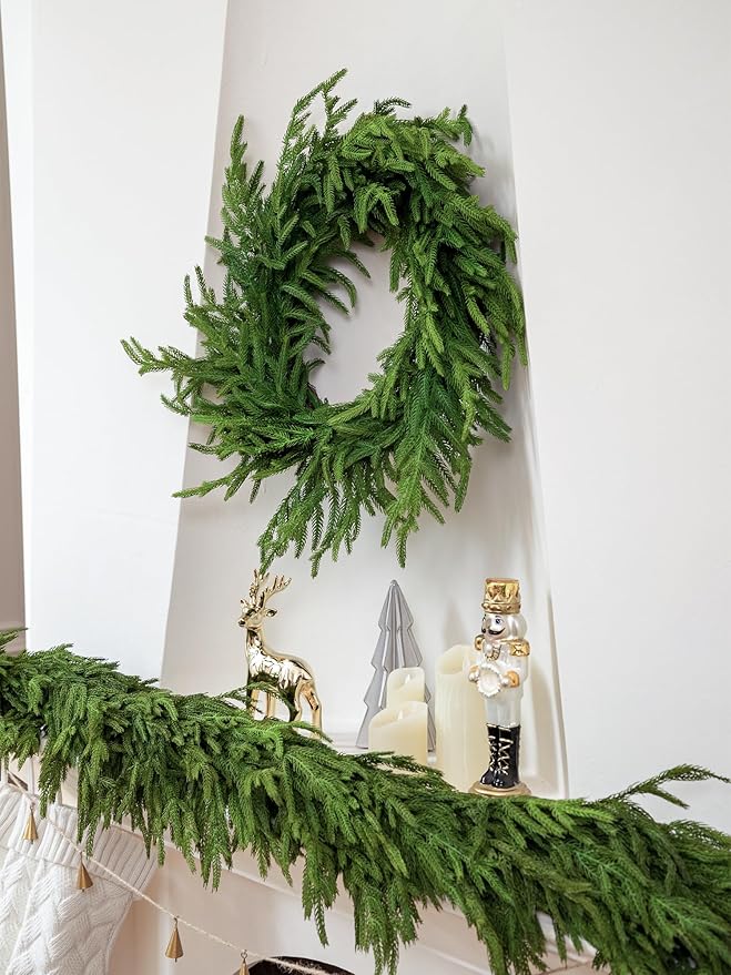 26" Norfolk Pine Wreath Real Touch Christmas Wreath for Front Door Winter Wreaths for Walls Windows Porches Indoor Outdoor Christmas Xmas Decorations Holiday Decor