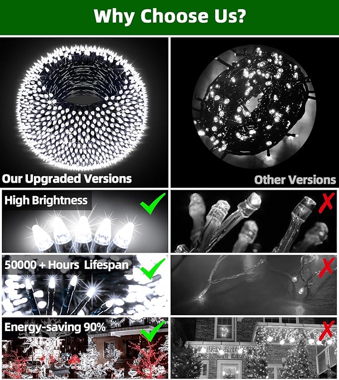 750 LED Outdoor Christmas Lights Decorations, 246ft Green Wire LED Christmas String Lights with Timer Memory, Twinkle Lighs for Indoor Outdoor Xmas Party Christmastree Wedding Garden Patio Cool White