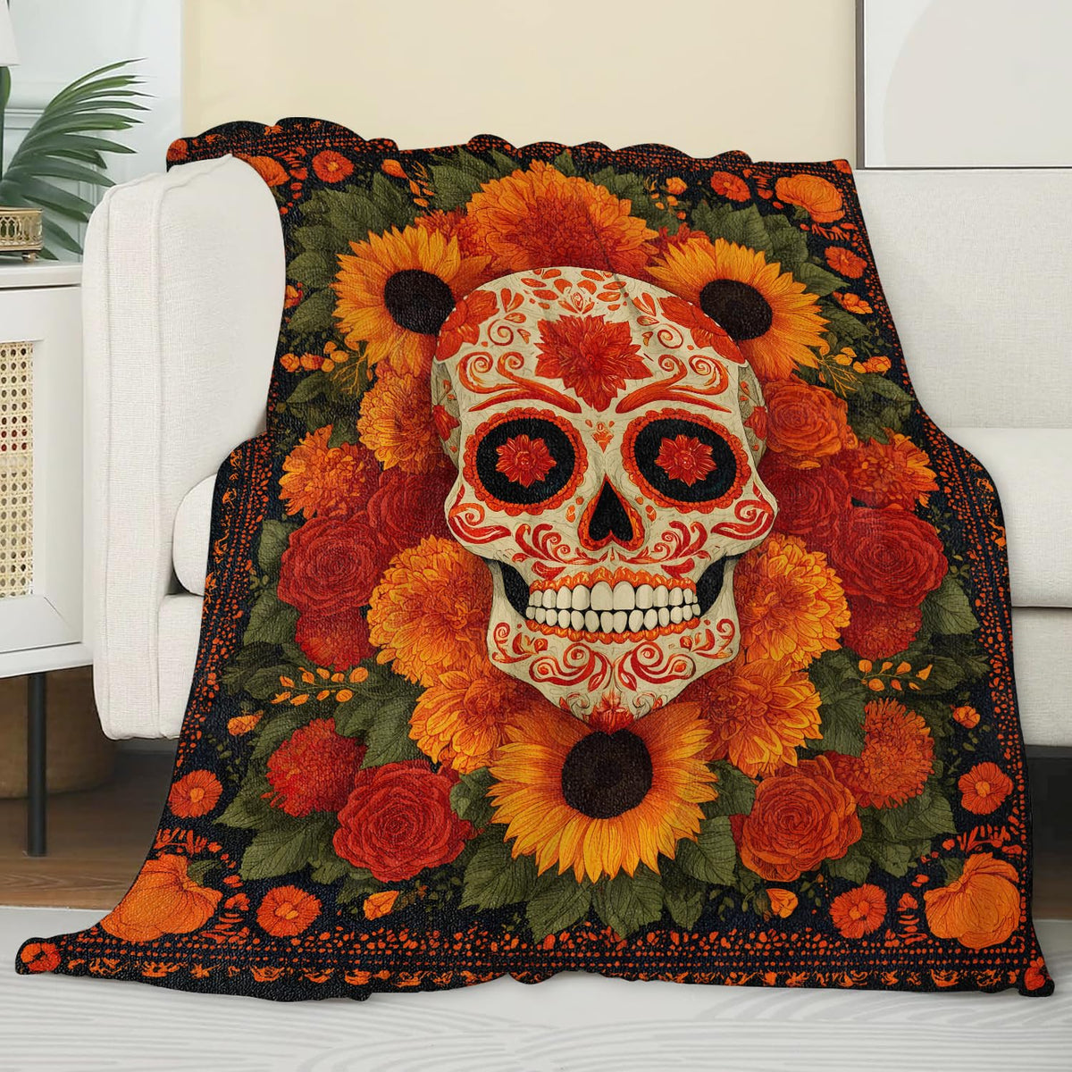 Zeleda Colorful Sugar Skull Fleece Blanket, Soft Throw with Floral, Lightweight Cozy Blankets for All Seasons, Gothic Day of The Dead Home Decor and Gifts for Goth Lovers and Halloween, 50x60 Inch