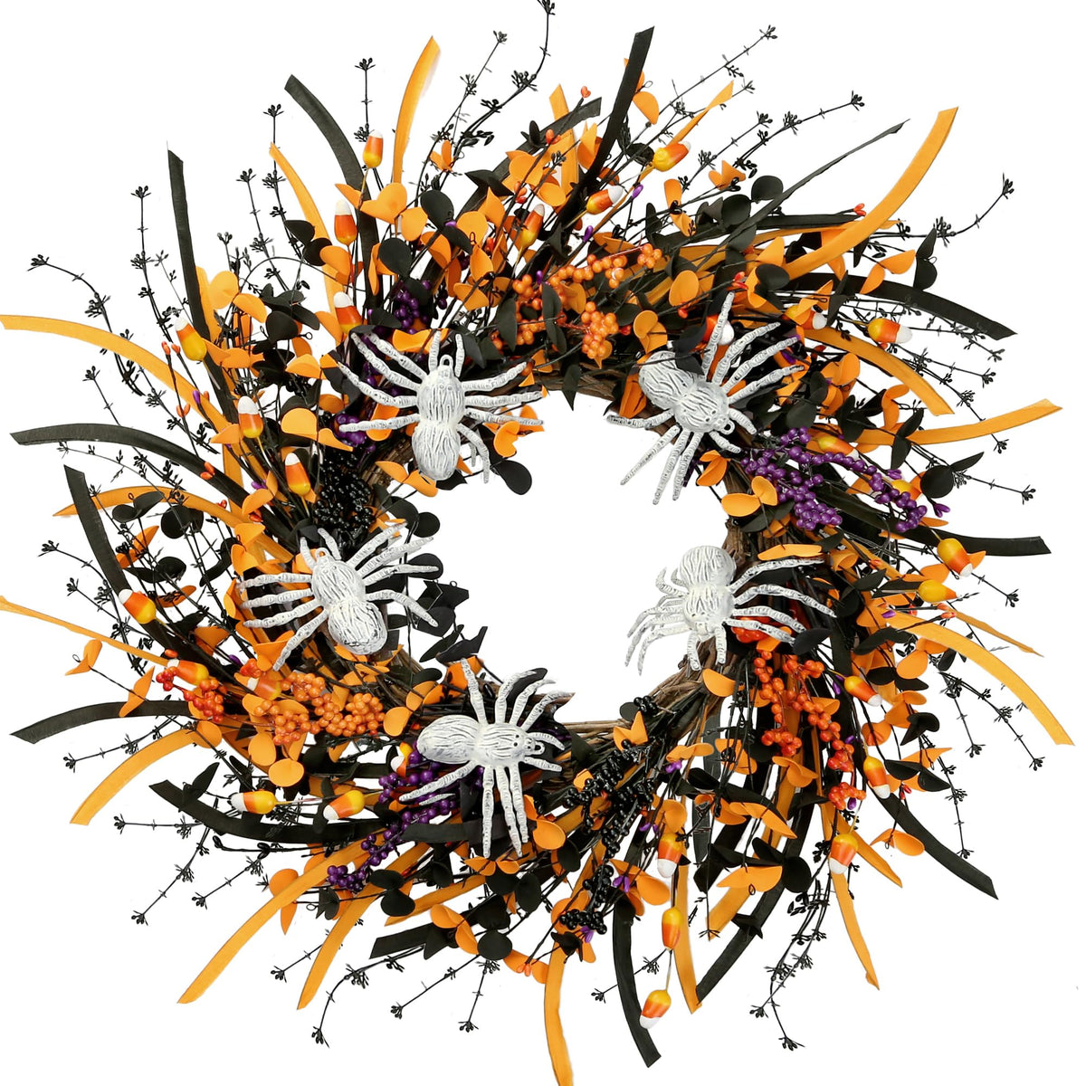 Sggvecsy Halloween Wreath 23inch with Artificial Spider Handmade Black Orange Leaves Orange Purple Berries Teeth Front Door Decorations for Outdoor Home Halloween Festival Decoration