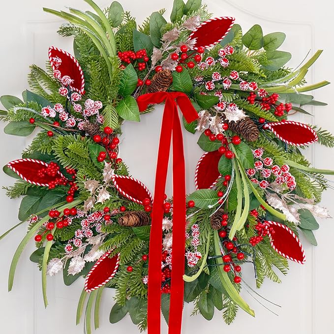Christmas Wreath with Lights,Outdoor Pre-lit Christmas Wreaths for Front Door-24 Inch Xmas Door Wreath with Pine Needles Pine Cones and Red Berries- Farmhouse Home Christmas Decorations