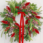 Christmas Wreath with Lights,Outdoor Pre-lit Christmas Wreaths for Front Door-24 Inch Xmas Door Wreath with Pine Needles Pine Cones and Red Berries- Farmhouse Home Christmas Decorations
