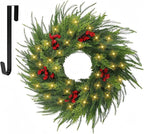 26'' Xmas Wreath with Lights,Large Norfolk Pine Wreaths with Red Berry and 50 LEDs, Battery Operated Christmas Reef with Timer for Door Window Winter Porch Decor