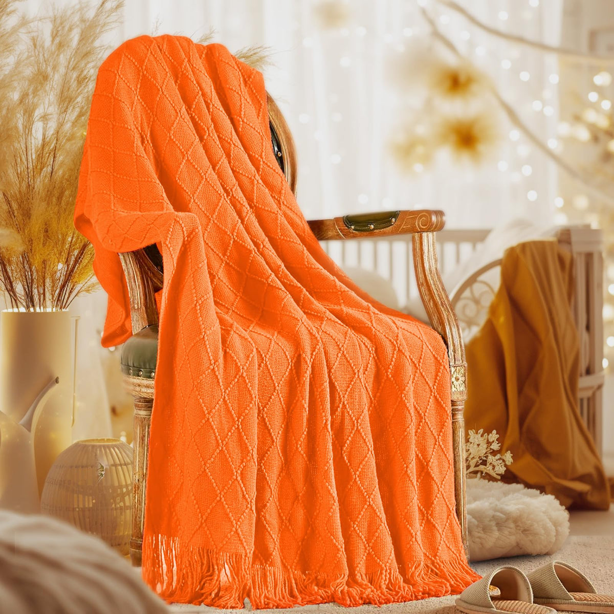 inhand Fall Throw Blanket Burnt Orange Halloween Decor for Couch, Soft Living Room Home Decor Knitted Blanket, Outdoor Lightweight Autumn Blanket, Farmhouse Warm Fall Decoration Indoor, 50"x60"