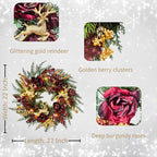 22 Inch Pre-Lit Artificial Christmas Wreath Rose Wreath with Glitter Christmas Deer Reindeers Figurine Decor Berries and Timer for Front Door Window Indoor Outdoor Festive Xmas Holiday