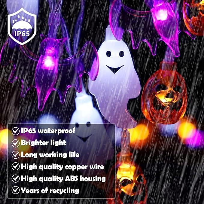 Halloween Fairy Lights,Waterproof Pumpkin Bat Ghost Battery Powered Lights, 16ft 30LEDs with Remote Control, String Light for Windows, Indoor Outdoor Decorations, Halloween Party Decorations