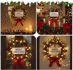 Lighted Christmas Wreath for Front Door with Metal Hanger 16'' Artificial Norfolk Wreath with Velvet Bow LED Lights Jingle Bells Pinecone Berries Christmas Holiday Winter Decor(Red)