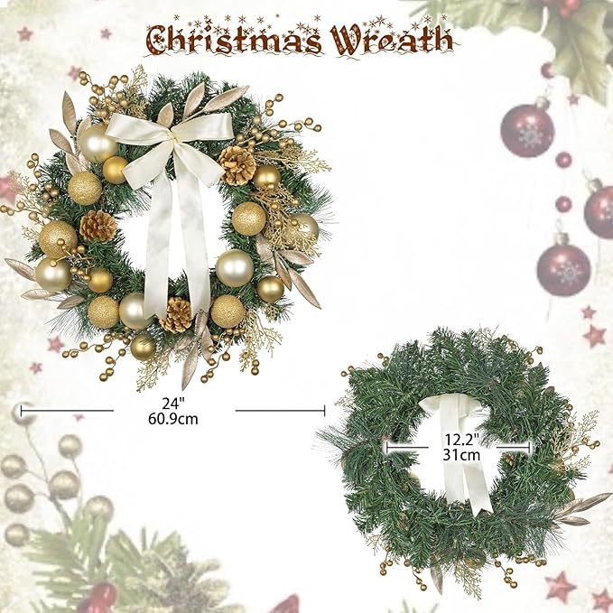 24 inch Christmas Door Wreath, Large Pine Wreaths for Front Door with Champagne Bow Golden Ball Glittered Leaf Spray Stems Pinecones for Fireplace Xmas Decorations, Wall Window Indoor Outdoor Decor